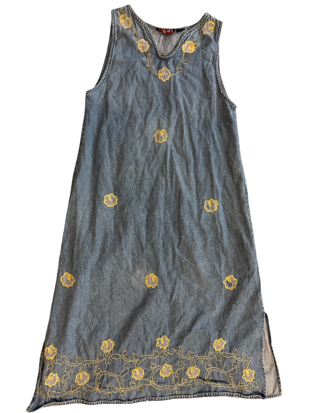 Vintage Agapo Sleeveless Denim Midi Dress with Yellow Floral Embroidery